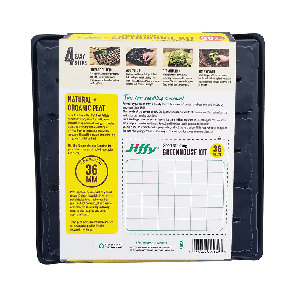 Jiffy brand seed starting greenhouse kit packaging, featuring a tray with 36 peat pellets and a clear dome